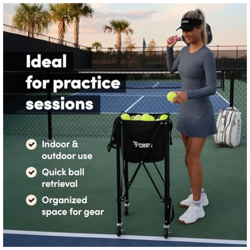 CRBN hopper loaded with 100 yellow outdoor pickleballs on a concrete court