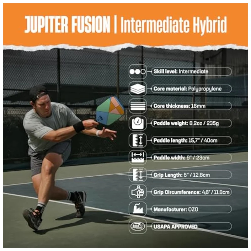 Jupiter Fusion Chroma paddle held mid-swing on outdoor court
