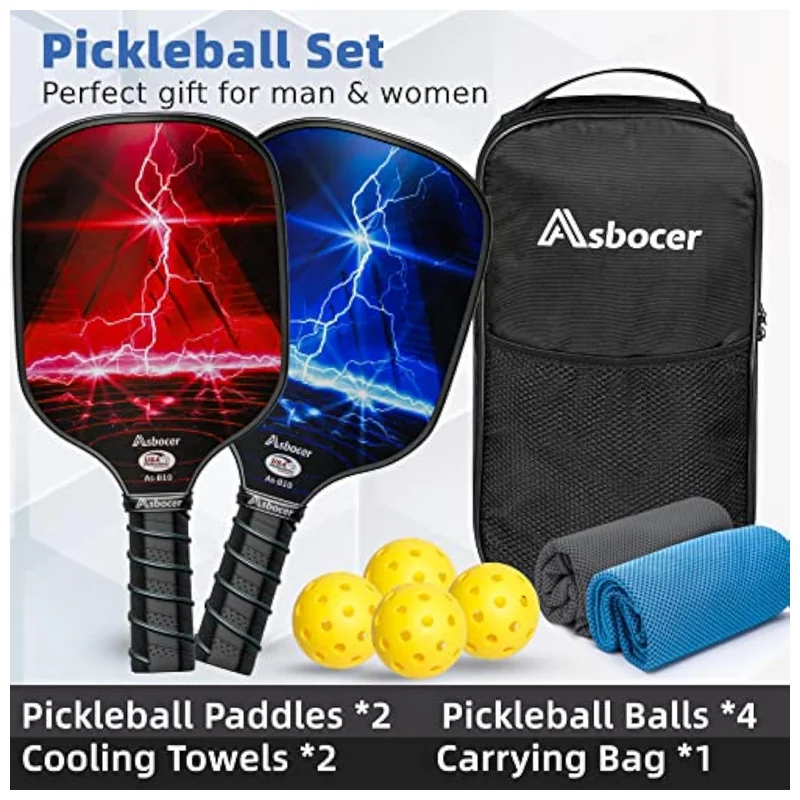 Full set laid out: paddles, balls, towels, and bag