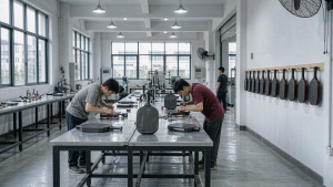 Workers assembling carbon fiber pickleball paddles at the Haikou Jianaer production workshop in China