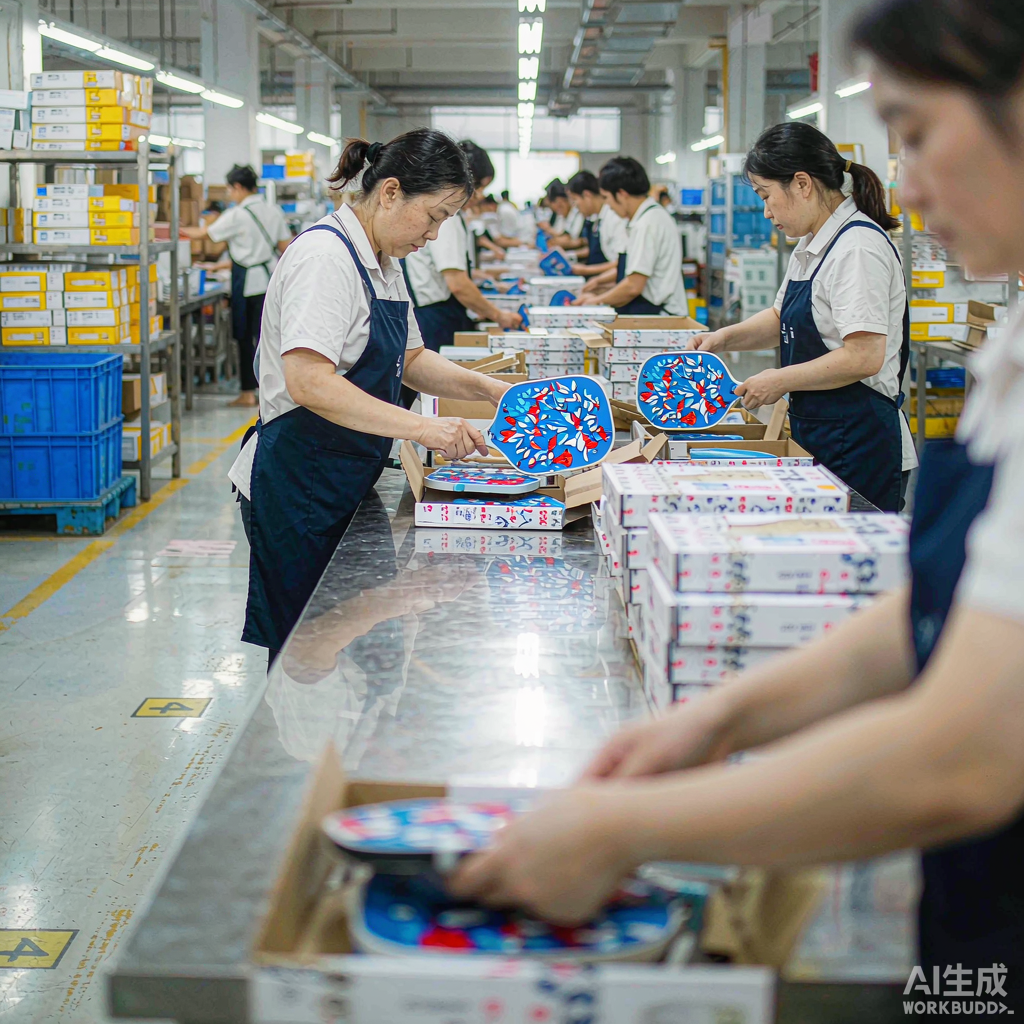 Quality control and packaging station where pickleball paddles are inspected and packed into retail boxes before export