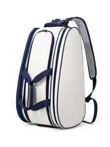 White and navy custom pickleball bag backpack with multi-compartment design for paddles, balls and shoes