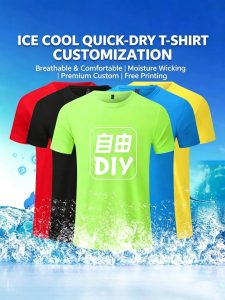 Mint green custom quick-dry mesh sports t-shirt on wooden hanger showing micro-mesh cooling fabric and round neck construction